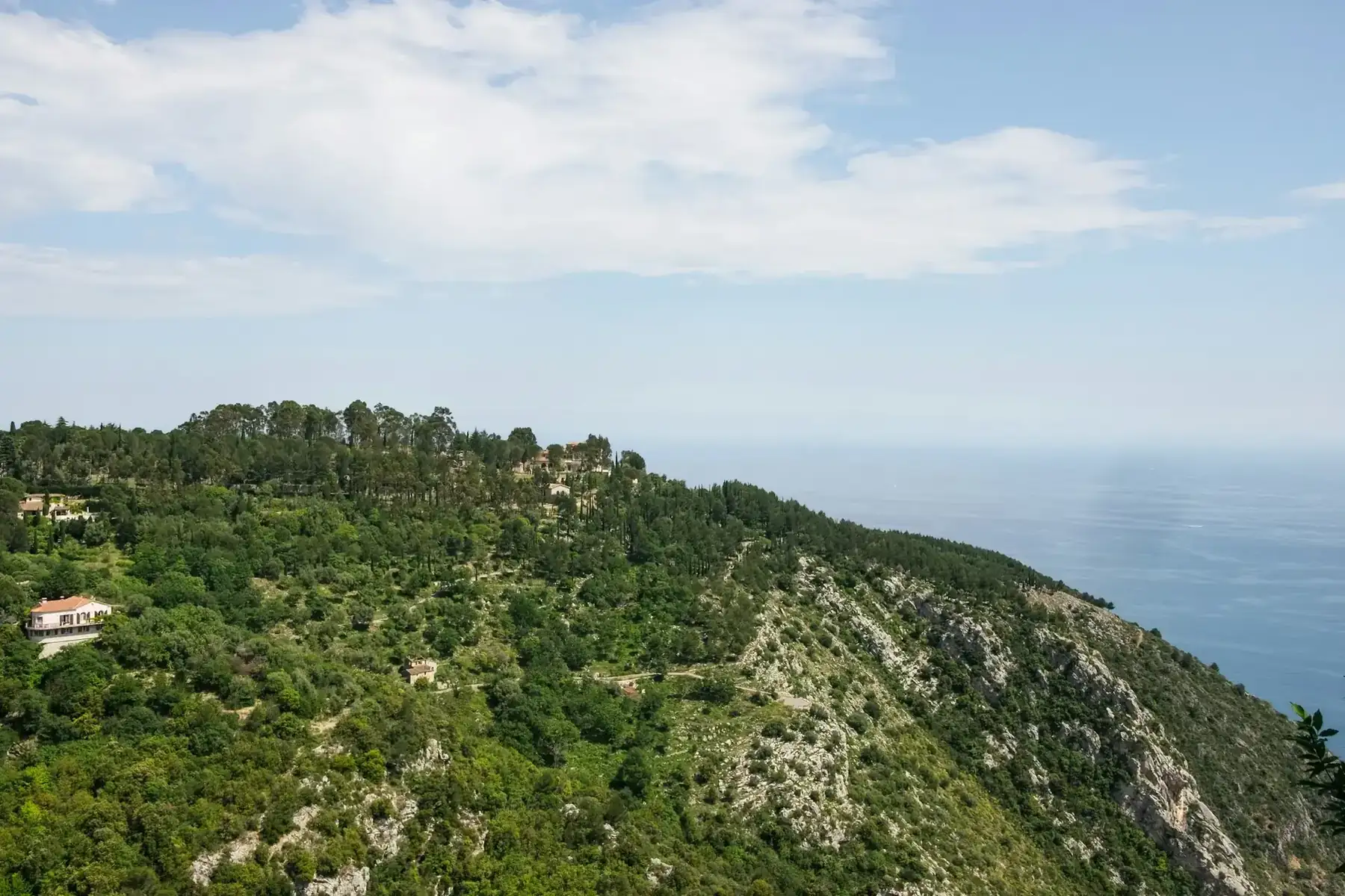Crête boisée de la Grande Corniche surplombant la mer