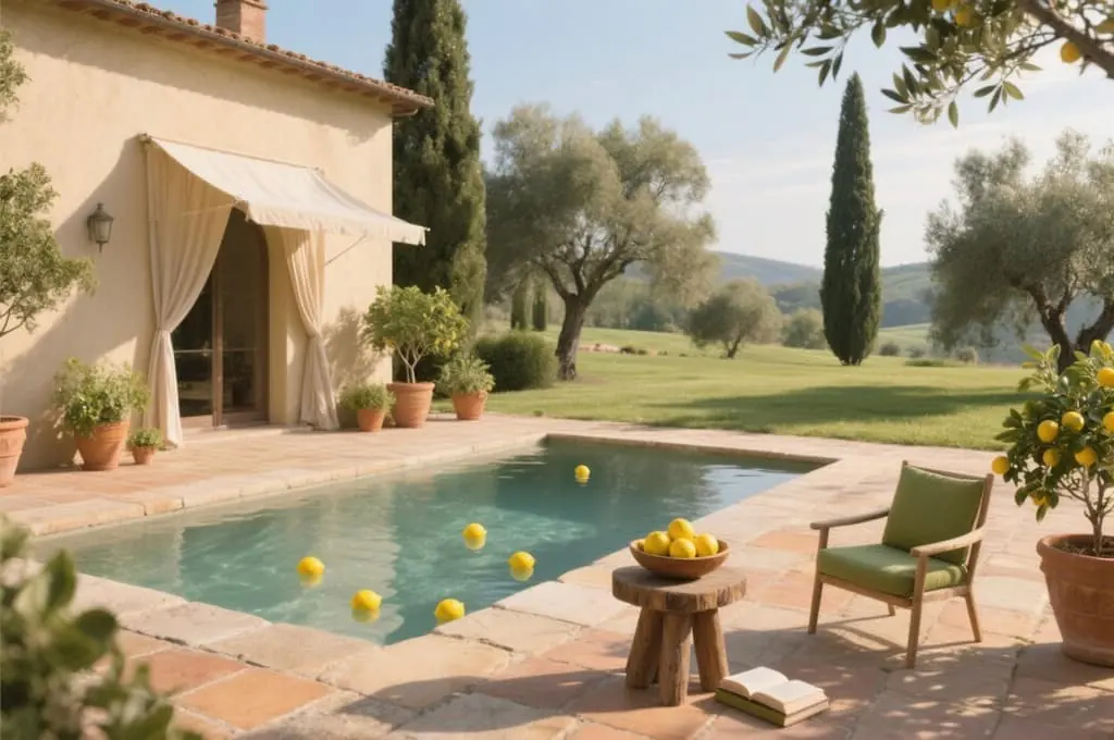Terrasse d'un mas provençal, piscine et oliviers